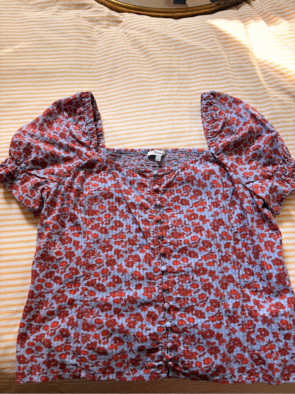Madewell Light Blue Puff-Sleeve Floral Button-Front Top